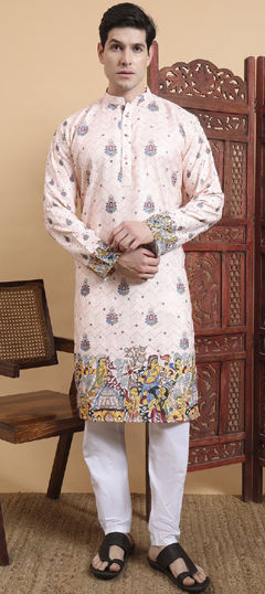 Beige and Brown color Kurta Pyjamas in Cotton fabric with Floral, Printed work
