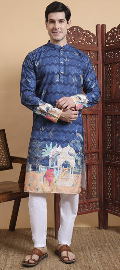 Blue color Kurta Pyjamas in Cotton fabric with Floral, Printed work