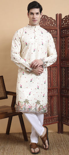 Beige and Brown color Kurta Pyjamas in Cotton fabric with Floral, Printed work