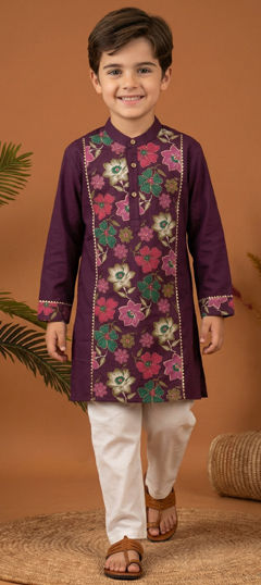 Pink and Majenta color Boys Kurta Pyjama in Cotton fabric with Floral, Gota Patti, Lace, Printed work