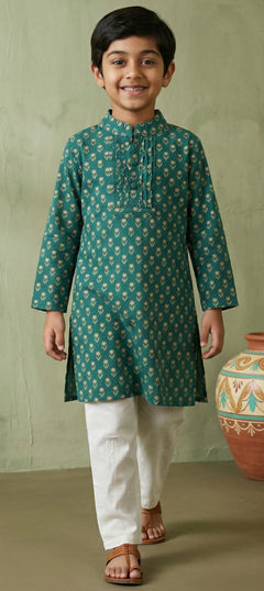 Blue color Boys Kurta Pyjama in Cotton fabric with Floral, Printed work