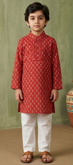 Red and Maroon color Boys Kurta Pyjama in Cotton fabric with Floral, Printed work
