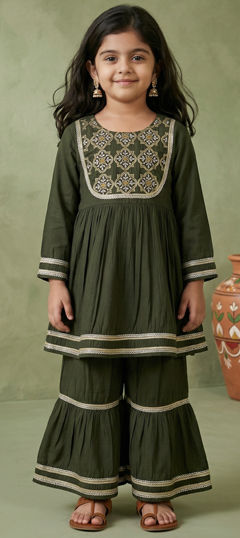 Green color Girls Top with Bottom in Mul Chanderi fabric with Embroidered work