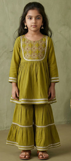 Yellow color Girls Top with Bottom in Mul Chanderi fabric with Embroidered work