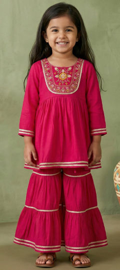 Pink and Majenta color Girls Top with Bottom in Mul Chanderi fabric with Embroidered, Gota Patti, Lace work