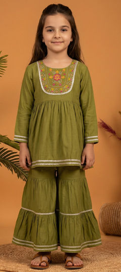 Green color Girls Top with Bottom in Mul Chanderi fabric with Embroidered, Gota Patti, Lace work