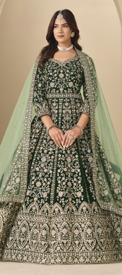 Green color Salwar Kameez in Velvet fabric with Embroidered, Sequence, Thread, Zari work