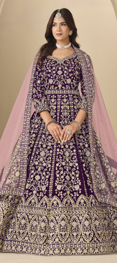 Purple and Violet color Salwar Kameez in Velvet fabric with Embroidered, Sequence, Thread, Zari work