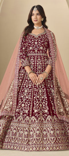 Red and Maroon color Salwar Kameez in Velvet fabric with Embroidered, Sequence, Thread, Zari work