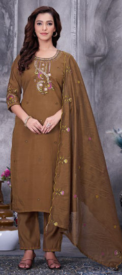 Beige and Brown color Salwar Kameez in Roman Silk fabric with Embroidered, Sequence, Thread work