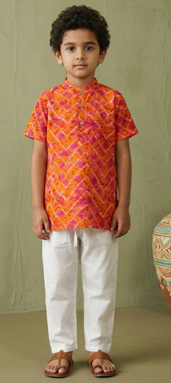 Orange, Pink and Majenta color Boys Kurta Pyjama in Cotton fabric with Bandhej, Printed work