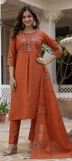 Orange color Salwar Kameez in Viscose fabric with Embroidered, Sequence, Thread work