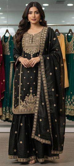 Black and Grey color Salwar Kameez in Chinon Silk fabric with Embroidered, Thread, Zari work