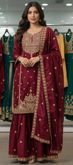 Red and Maroon color Salwar Kameez in Chinon Silk fabric with Embroidered, Thread, Zari work