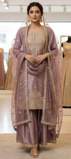 Purple and Violet color Salwar Kameez in Chinon Silk fabric with Embroidered, Thread, Zari work