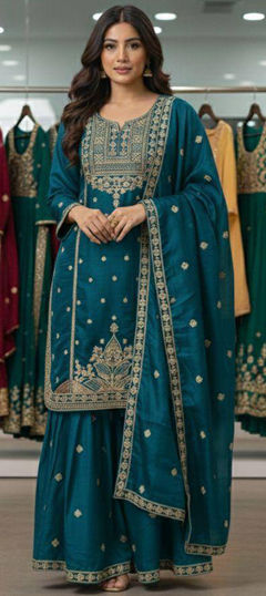 Green color Salwar Kameez in Chinon Silk fabric with Embroidered, Thread, Zari work