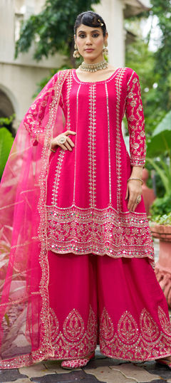 Pink and Majenta color Salwar Kameez in Chinon Silk fabric with Mirror, Stone, Thread, Zari work