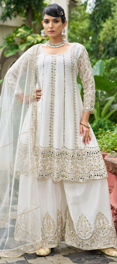 White and Off White color Salwar Kameez in Chinon Silk fabric with Mirror, Stone, Thread, Zari work