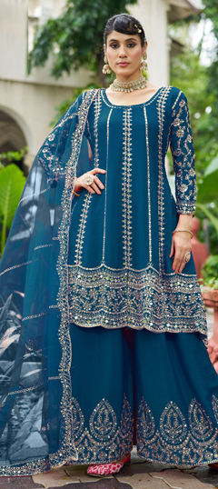 Blue color Salwar Kameez in Chinon Silk fabric with Mirror, Stone, Thread, Zari work