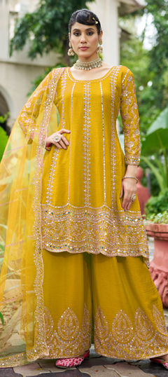 Yellow color Salwar Kameez in Chinon Silk fabric with Mirror, Stone, Thread, Zari work