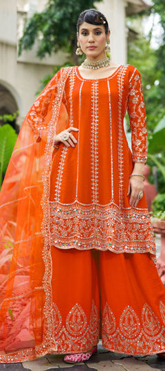 Orange color Salwar Kameez in Chinon Silk fabric with Mirror, Stone, Thread, Zari work