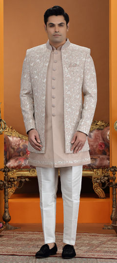 Pink and Majenta color IndoWestern Dress in Art Silk fabric with Embroidered, Sequence, Thread work