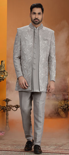 Black and Grey color IndoWestern Dress in Art Silk fabric with Embroidered, Sequence, Thread work