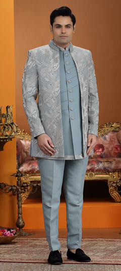 Blue color IndoWestern Dress in Art Silk fabric with Embroidered, Sequence, Thread work