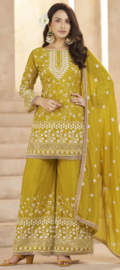 Yellow color Salwar Kameez in Georgette fabric with Embroidered, Sequence, Thread work