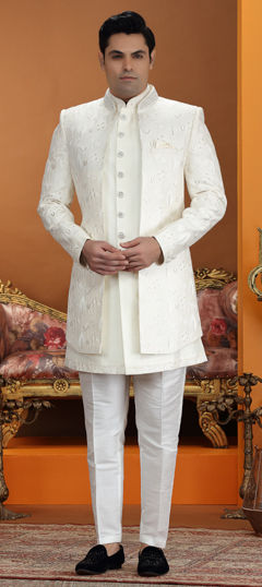 White and Off White color IndoWestern Dress in Art Silk fabric with Embroidered, Sequence, Thread work