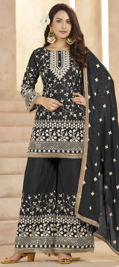 Black and Grey color Salwar Kameez in Georgette fabric with Embroidered, Sequence, Thread work