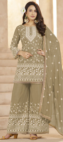 Beige and Brown color Salwar Kameez in Georgette fabric with Embroidered, Sequence, Thread work