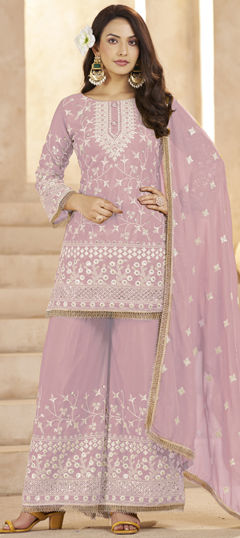 Pink and Majenta color Salwar Kameez in Georgette fabric with Embroidered, Sequence, Thread work