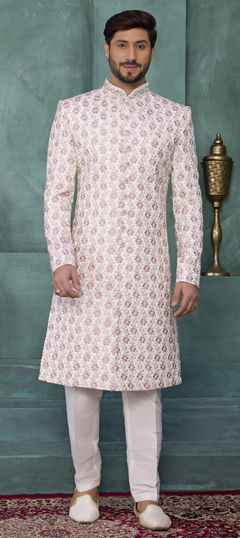 White and Off White color Sherwani in Art Silk fabric with Embroidered, Thread work