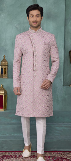 Pink and Majenta color Sherwani in Art Silk fabric with Embroidered, Thread work