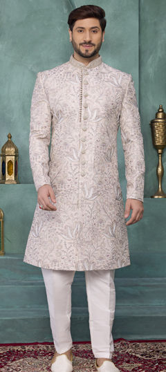 Beige and Brown color Sherwani in Art Silk fabric with Embroidered, Thread work