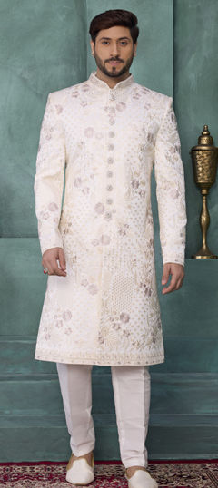 White and Off White color Sherwani in Art Silk fabric with Embroidered, Thread work