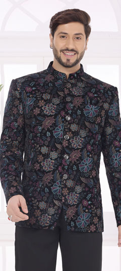 Black and Grey color Blazer in Velvet fabric with Embroidered, Sequence, Thread work