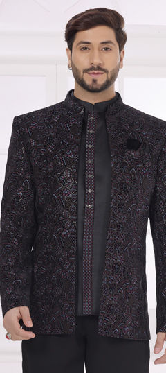 Black and Grey color Blazer in Velvet fabric with Embroidered, Sequence, Thread work