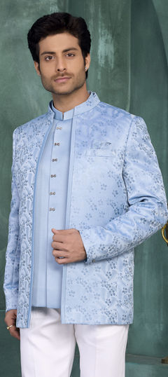 Blue color Blazer in Jacquard fabric with Embroidered, Weaving work