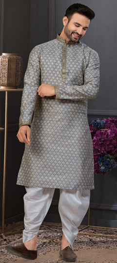 Black and Grey color Dhoti Kurta in Banarasi Silk, Jacquard fabric with Lace, Weaving work