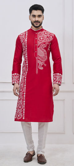 Red and Maroon color Kurta Pyjamas in Viscose fabric with Embroidered, Thread work
