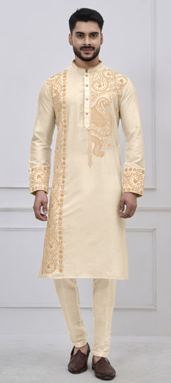 Gold color Kurta Pyjamas in Viscose fabric with Embroidered, Thread work