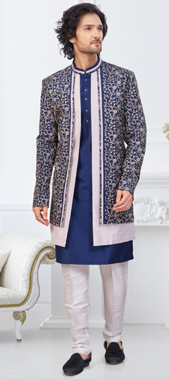 Blue, White and Off White color IndoWestern Dress in Banarasi Silk fabric with Embroidered, Stone, Thread, Zari work