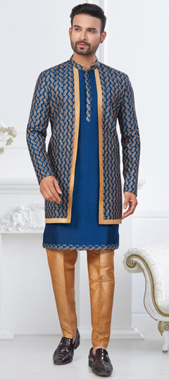 Beige and Brown, Blue color IndoWestern Dress in Banarasi Silk fabric with Embroidered, Stone, Thread, Zari work
