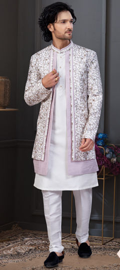 White and Off White color IndoWestern Dress in Silk fabric with Embroidered, Stone, Thread, Zari work