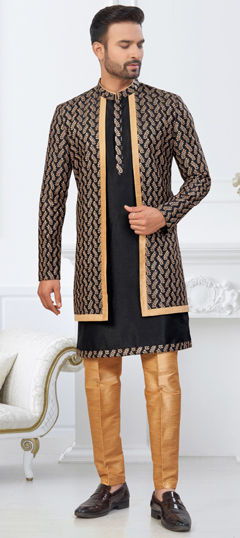 Black and Grey color IndoWestern Dress in Banarasi Silk fabric with Embroidered, Stone, Thread, Zari work