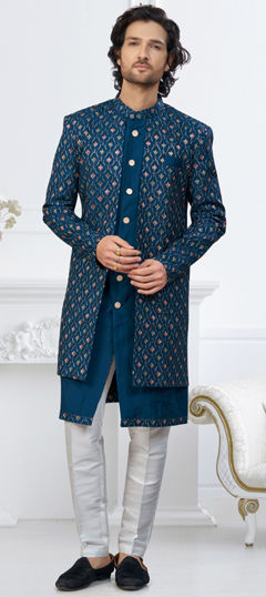 Blue color IndoWestern Dress in Silk fabric with Embroidered, Stone, Thread, Zari work