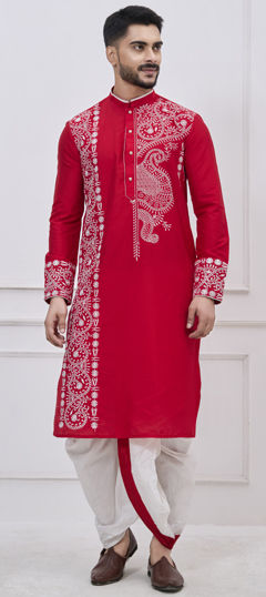 Red and Maroon color Dhoti Kurta in Viscose fabric with Embroidered, Thread work