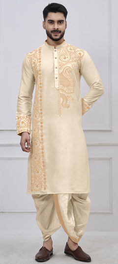 Gold color Dhoti Kurta in Viscose fabric with Embroidered, Thread work